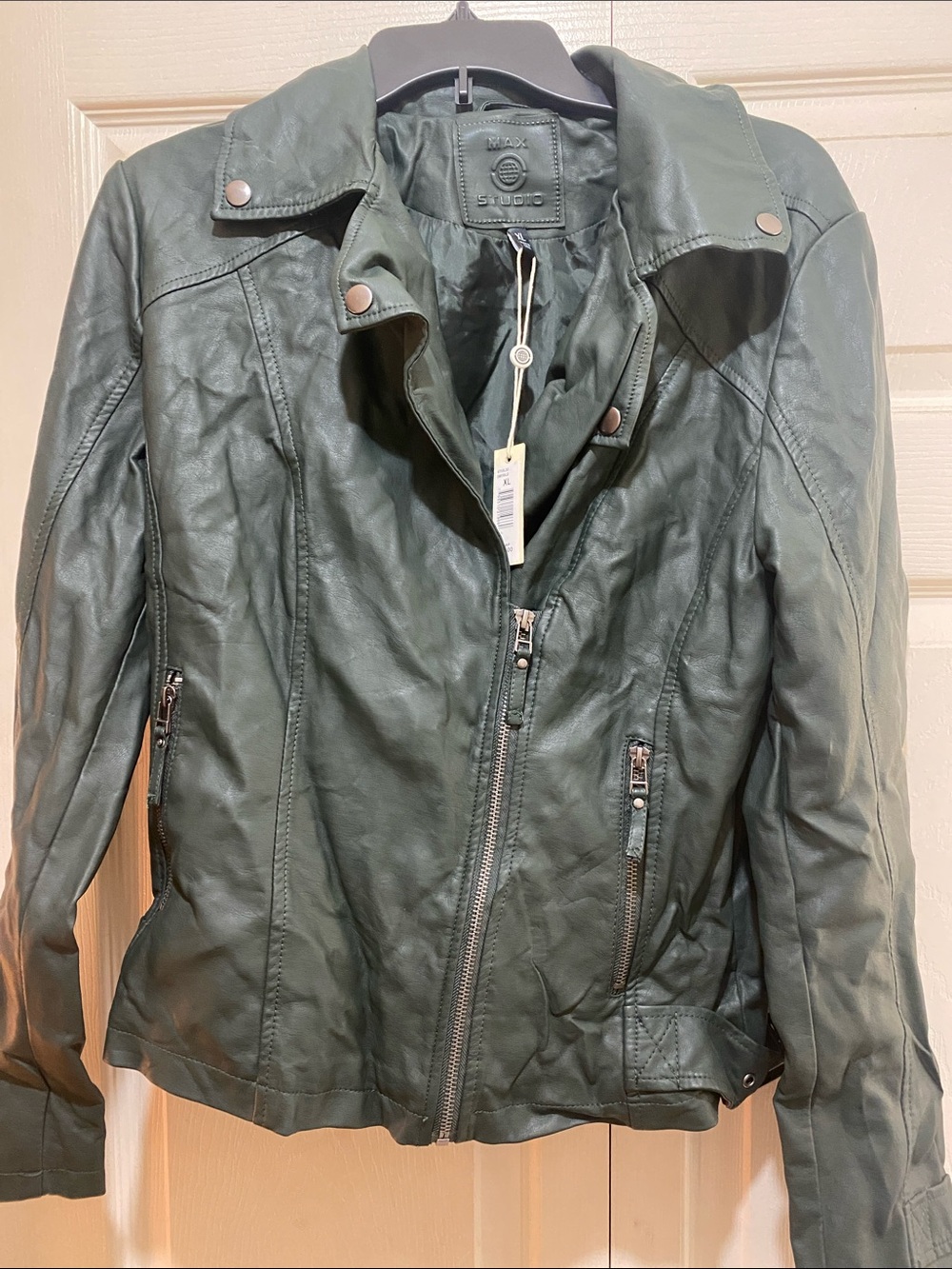 Max Studio Dark Green Faux Leather Moto Jacket